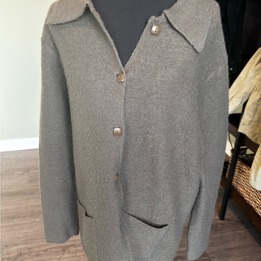 Green 100% Wool Button-Up Cardigan